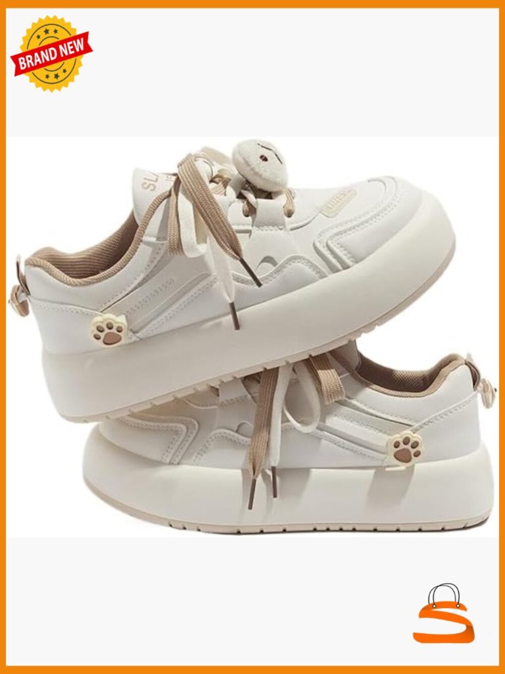 Y2K Platform Khaki White Walking Sneakers Cute Cartoon Fish Bear Lace Up Shoes